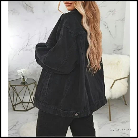 Distressed Oversized Denim Trucker Jacket Women's Long Sleeve Button Up - Picture 7 of 8